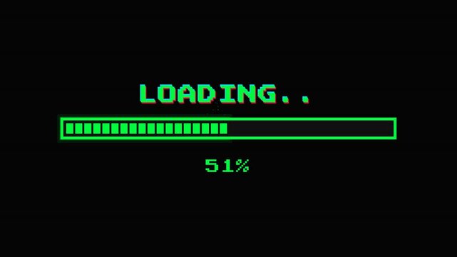 Retro pixel progress bar loading from zero to hundred percent with green digital blocks on black background for gaming UI