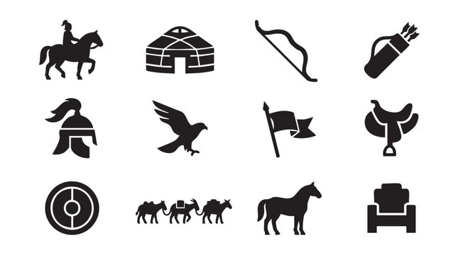 Mongolian icons, nomadic symbols, horse rider, yurt, bow arrow, 12 black vector graphics