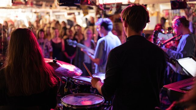 Live music performance draws large crowd in urban venue at nighttime