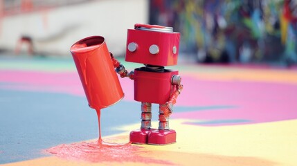 Fototapeta premium Robot pours red paint on colorful surface in outdoor area during daytime