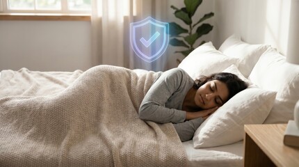 Obraz premium Indian Female Health and Safe Sleep Insurance Concept: Glowing Holographic Safety Shield with Checkmark above Peaceful Woman on Bedding