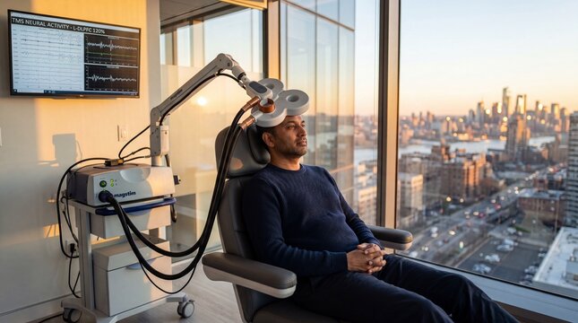South Asian Man Receiving TMS Therapy Treatment in High-Rise Clinic Overlooking City Skyline