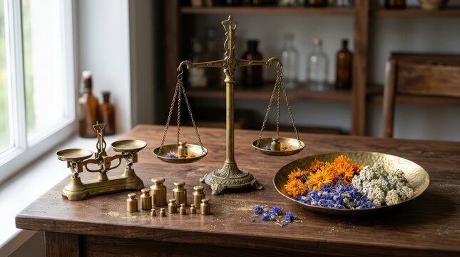 Vintage Brass Scales and Dried Herbs on Wooden Table in Herbalists Workshop