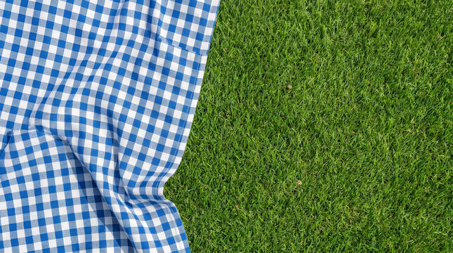 Picnic blanket layout grass outdoor leisure summer fabric blue white checkered pattern background. summer leisure park. background fabric display, material textile nature, simple design surface
