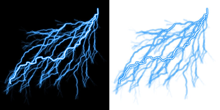 Blue lightning bolt discharge pattern with split screen comparison on black and white backgrounds isolated on a transparent background