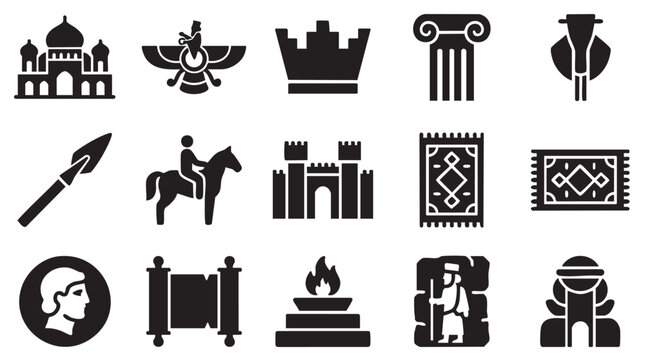 Ancient Civilization Icons, Black Silhouettes, Historical Symbols, Vector Set of 16