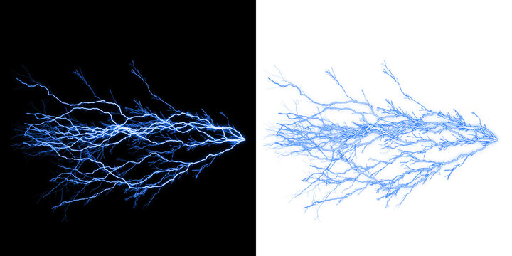 Blue electric lightning bolt discharge pattern on split black and white background isolated on a transparent background