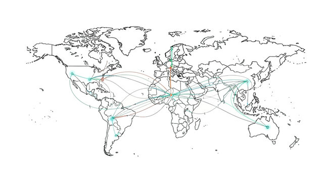 World map with global connection lines showing international flight paths and networking.