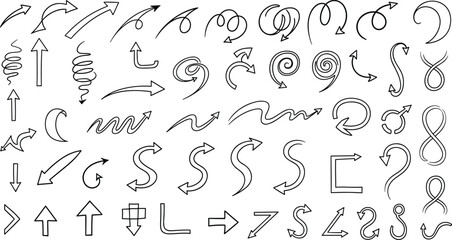 Obraz premium Set of hand-drawn doodle arrows isolated on transparent background design element for your project.