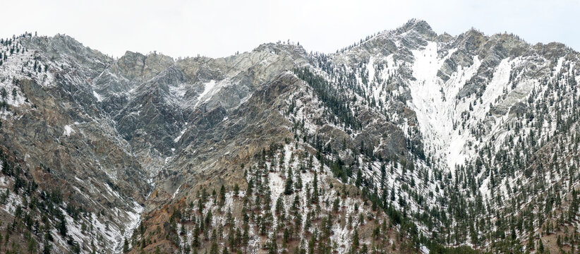 Canada, BC, Lytton.  Snow dusted mountain peaks in the Cariboo region of British Columbia.