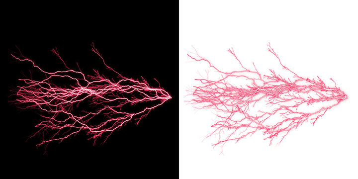 Red electric lightning bolt discharge pattern on split black and white background isolated on a transparent background