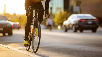 Naklejka premium Cyclist rides on the road during sunset in a busy city