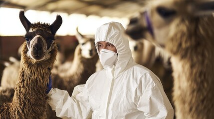 Fototapeta premium Daytime farm work with llamas and a person in protective gear