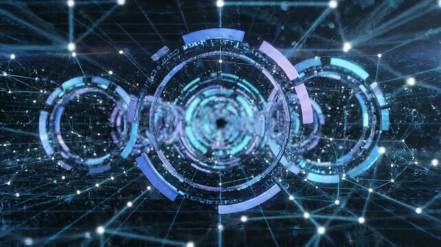 デジタル空間に光の輪が広がる先端技術アニメーション背景