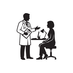 Obraz premium Black and white silhouette of a standing doctor holding a clipboard and talking to a seated patient in a medical office environment