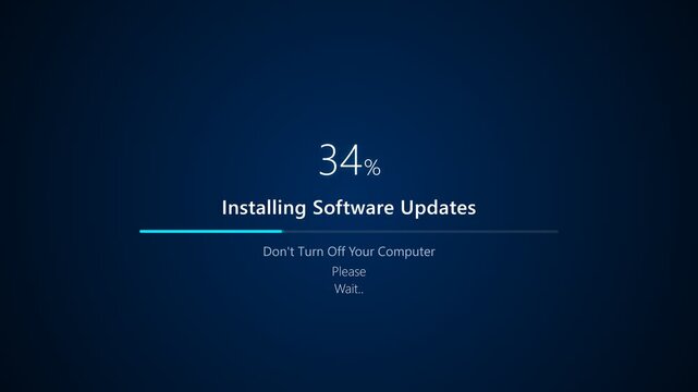 Software update screen with progress bar filling from zero to hundred percent on blue background for system installation process animation.