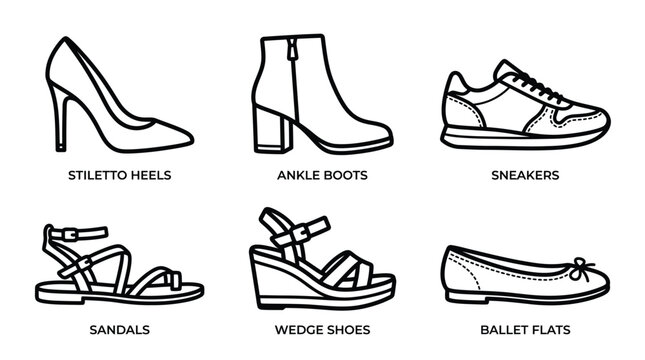 The footwear icons collection features stiletto heels, ankle boots, sneakers, sandals, wedge shoes, and elegant ballet flats.