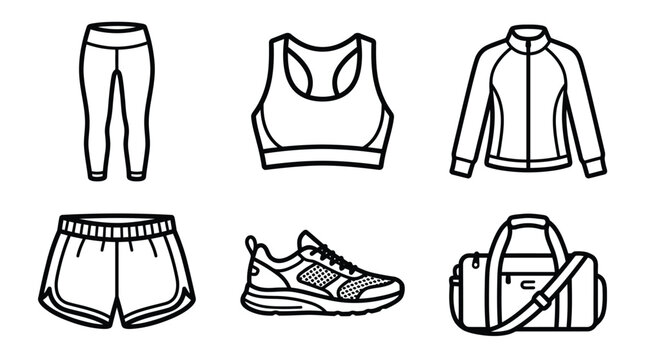 The sportswear icons set includes compression leggings, a racerback bra, a zip jacket, running shorts, sneakers, and a gym bag.