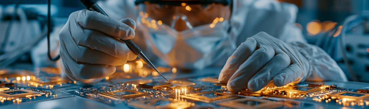 Precision Engineering: A close-up shot of a technician's gloved hands meticulously assembling a complex electronic circuit board, illuminated by the warm glow of internal lights.