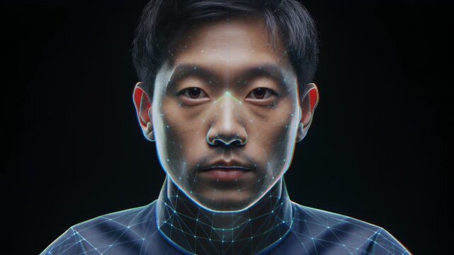 ホログラムに包まれた男性の近未来スタジオポートレート