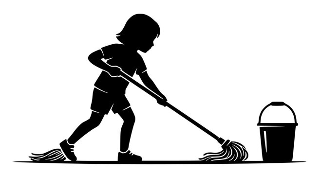 Child sweeping floor with broom and dustpan