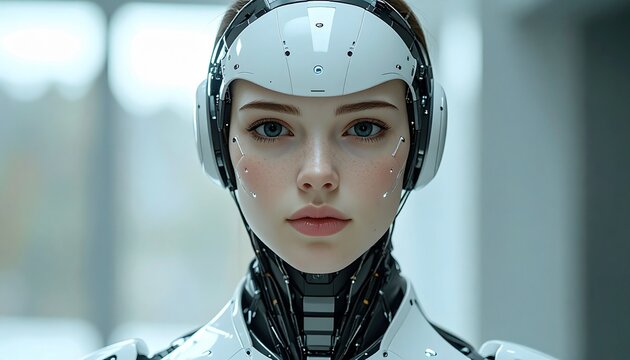 Close-up of a futuristic female android with realistic features.