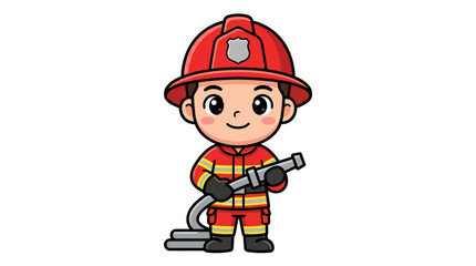 Fototapeta premium Firefighter character wearing protective gear holds a water hose ready for emergency response.