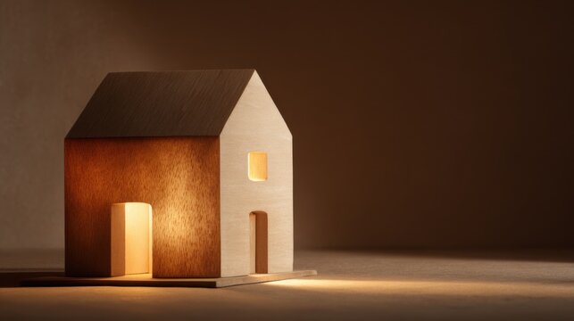 A simple model of a house with a warm light emanating from within, set against a dark, moody background. The lighting creates an inviting and cozy atmosphere.
