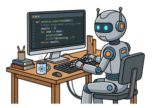 Robot Programmer Writing Code at Desk with Computer and Coffee