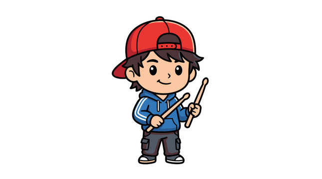 Drummer wearing a backwards red cap and blue hoodie holds wooden drumsticks while smiling in this energetic musical character illustration.