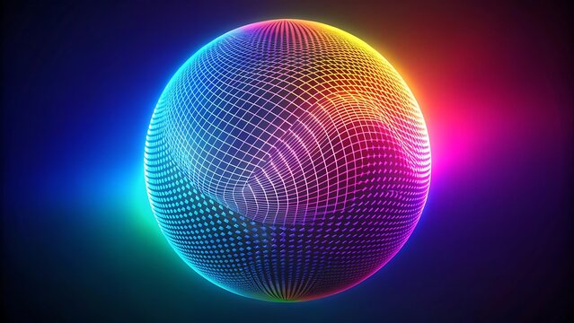 Glowing Neon Sphere With Grid Pattern And Colorful Light Rays Keywords: sphere, glowing, neon, grid, pattern, light