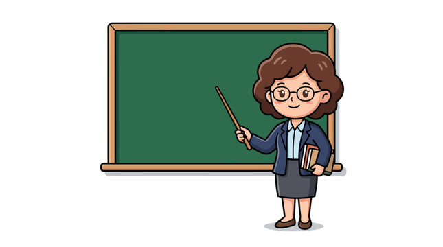 Teacher standing before a classroom chalkboard holds a pointer to explain educational concepts.