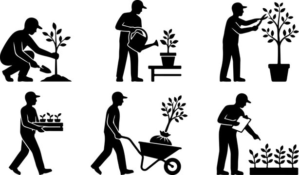 Set of silhouettes of a gardener working with plants and trees vector illustration