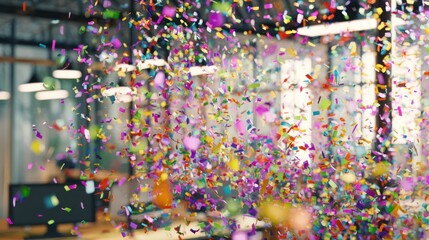 Fototapeta premium Colorful confetti falls in an office space during a celebration event