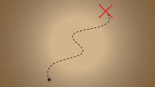 Treasure map dashed path line animation on vintage parchment paper background with red x cross destination mark for discovery quest concept