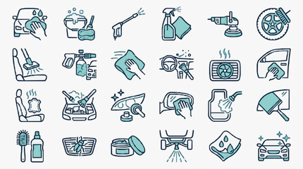 Professional car wash and detailing icon set with foam spray bucket sponge brush and water droplets for automotive cleaning services © Shafa