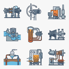 Various types of power generation systems and equipment icons. © nendi