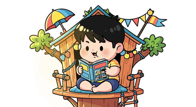 Young Girl Reading Book in Cozy Treehouse Retreat.