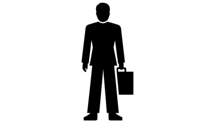 Businessman stands with a briefcase to depict a corporate professional in this simple black and white vector silhouette. © Sami