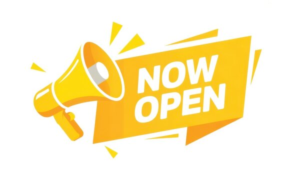 Yellow megaphone with now open text on a speech bubble banner isolated on a white background
