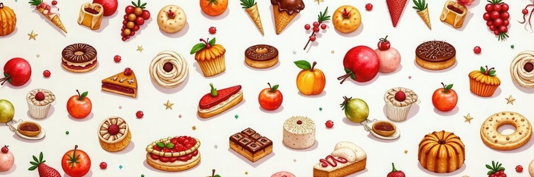 Hand-drawn bakery & holiday icons seamless pattern, pattern, sketchy