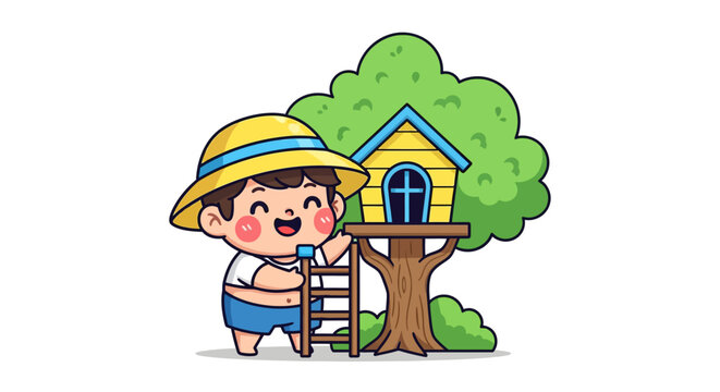 Happy child playing near colorful backyard treehouse.
