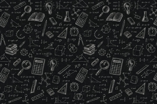 Vintage chalkboard seamless pattern with complex math formulas and science doodles