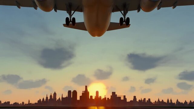 Airplane Landing over City at Sunset 4K Generative AI
