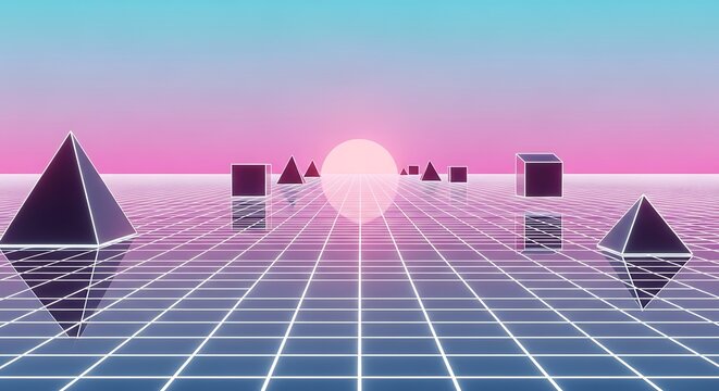 Retro synthwave landscape with geometric shapes and grid floor.