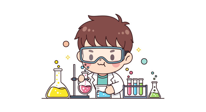 Young cartoon scientist conducting colorful chemistry experiments.