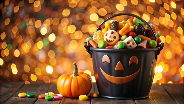 Halloween candy bucket with jack-o'-lantern face and a single pumpkin image photo