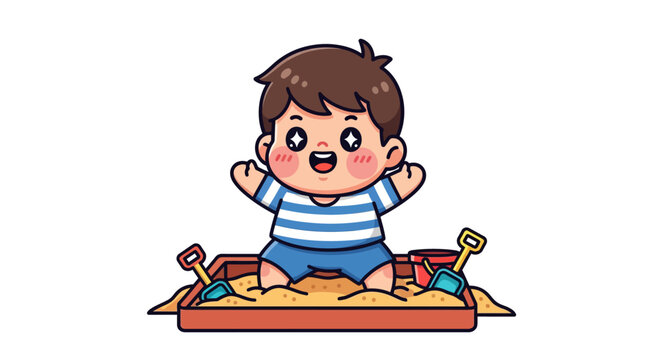 Happy cartoon child playing with colorful sandbox toys.