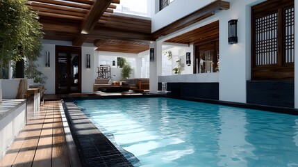 Fototapeta premium swimming pool in a modern luxury house with natural ethnic architecture