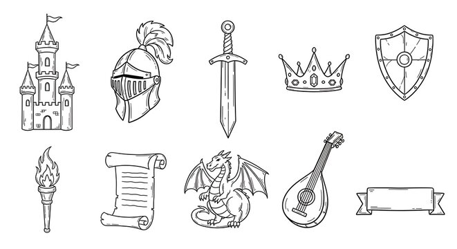 Collection of black and white religious icons and symbols.